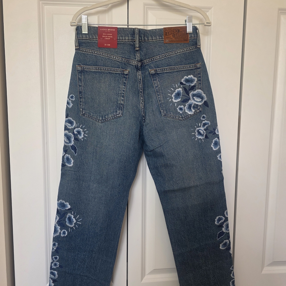 Lucky Brand High Rise 90s Loose Crop Blue Floral Straight Leg Jeans - Picture 2 of 4